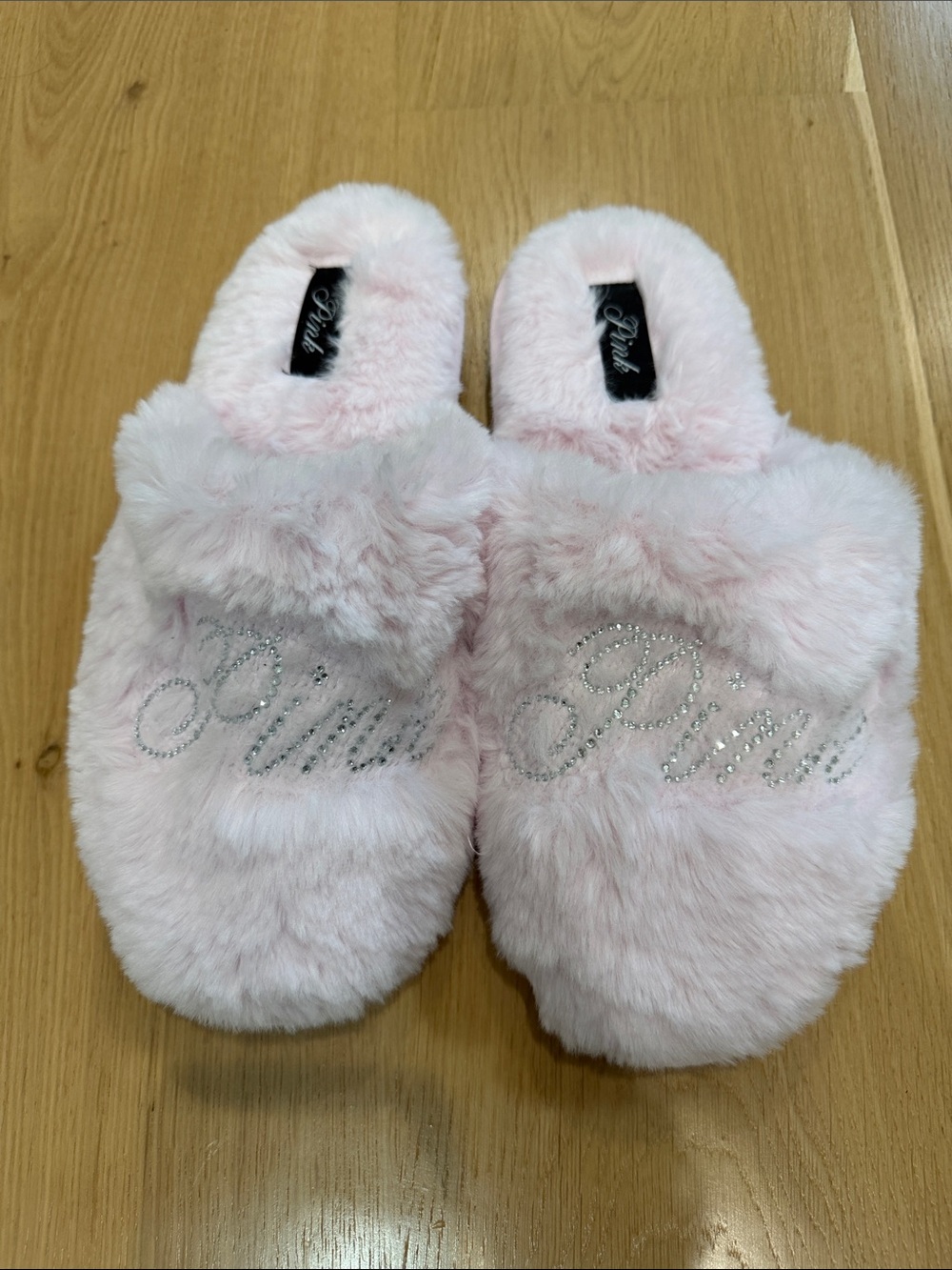 PINK Victoria's Secret Light Pink Plush Slip-On Slippers with Rhinestone Script